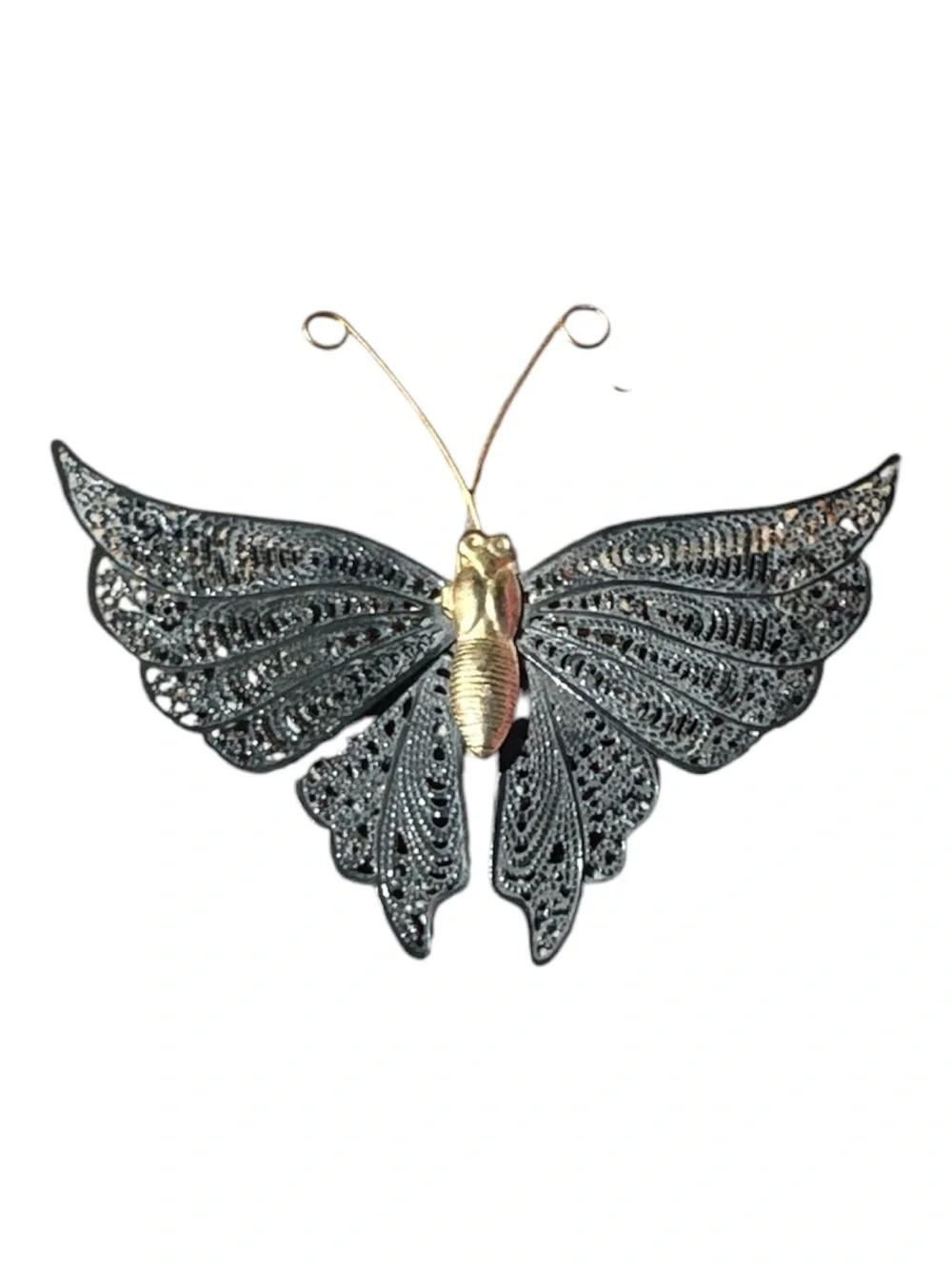 Source Unknown Black Filigree Butterfly Brooch with Gold Body